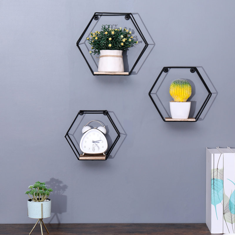 Étagères murales flottantes hexagonales murales, solution de rangement moderne pour la chambre à coucher et le salon, tablettes simples en bois d'ambiance rustique noire de 3 po, décor de cuisine idéal