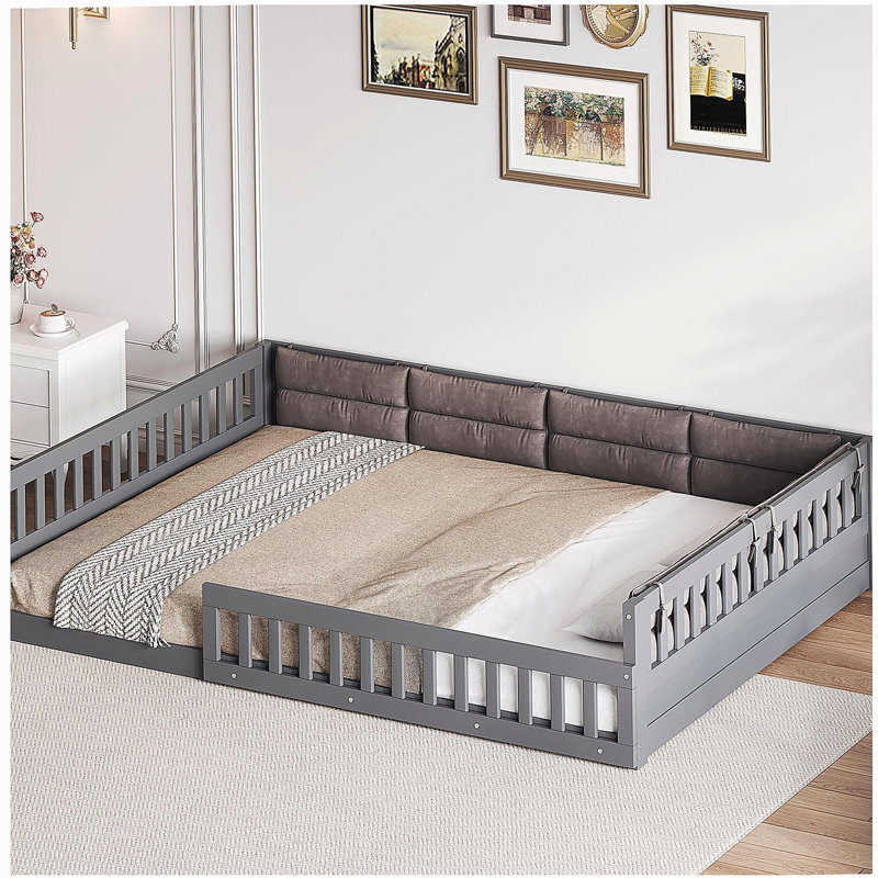 Wood Full Size Upholstered Platform Bed with Guardrail and Pillow, Gray, Gray