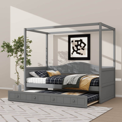 Twin-Size Canopy Bed Paired With Twin Trundle, Wood Platform Bed Frame With Headboard Included