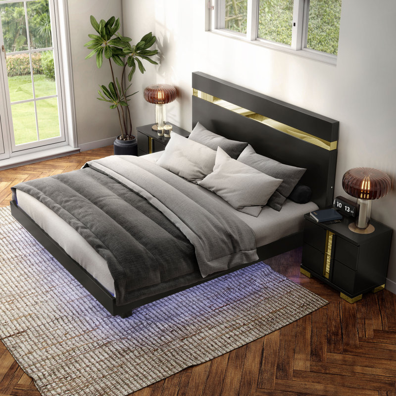 Ensemble de chambre avec lit plateforme 3 pièces Clemson, Noir, 3 Pcs: Bed, 2 Nightstands, Double