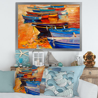 Bateaux dans le port au coucher du soleil chaud - Peinture sur toile
