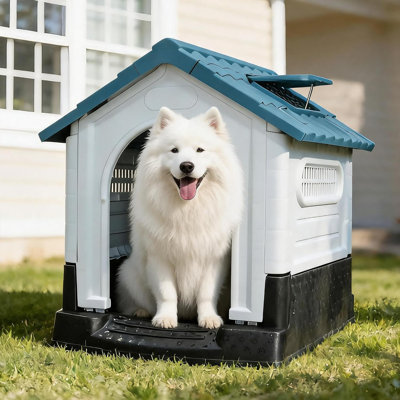 Grande niche extérieure pour chiens de taille moyenne et grande, niche en plastique imperméable avec plancher surélevé, bouches d'aération, toit incliné, assemblage facile, P 30,5 po x l 23,8 po x H 30,1 po
