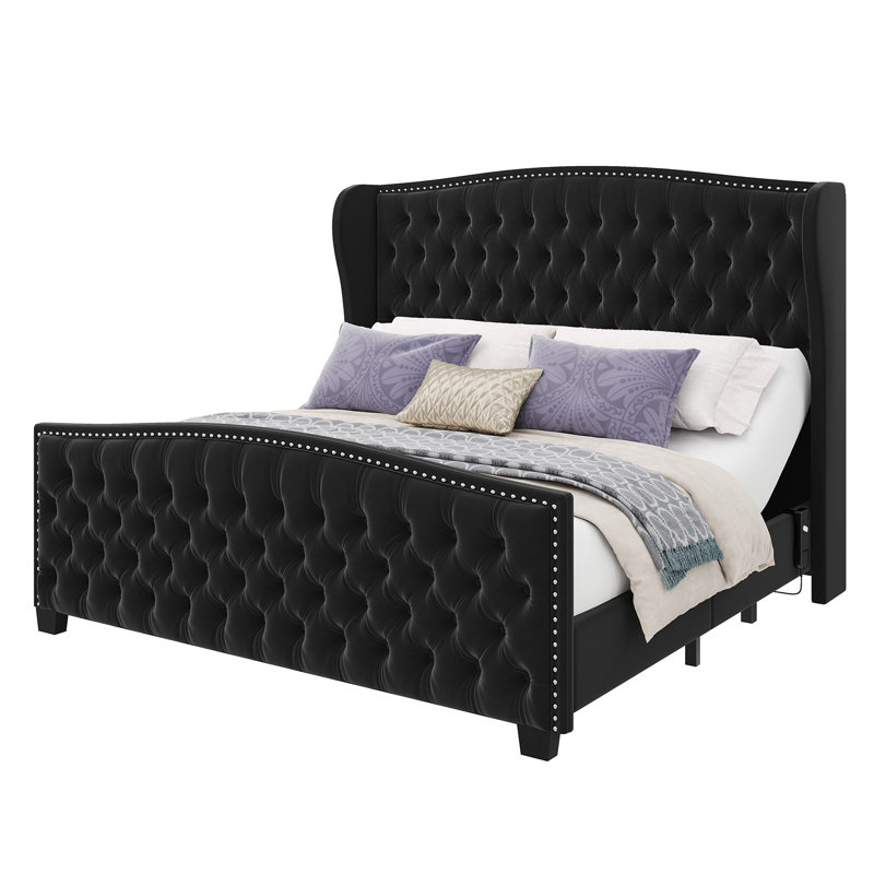 Adjustable Bed Frame, 50.8" H Velvet Upholstered Bed With Wingback Headboard And Deep Button Tufted, Queen, Black
