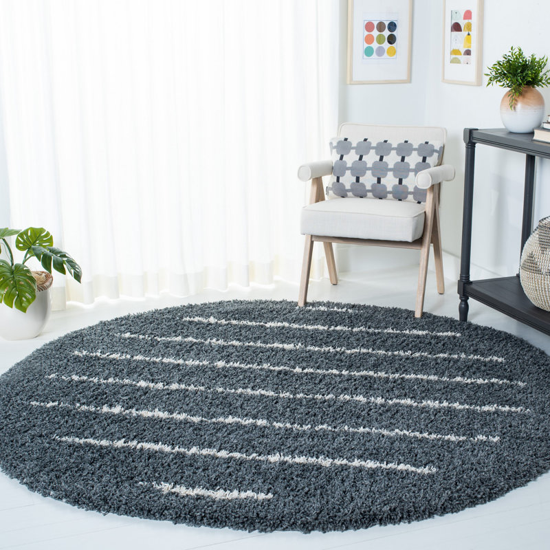 Tapis rayé gris foncé / ivoire Siragan, Rond 2 pi 7 po