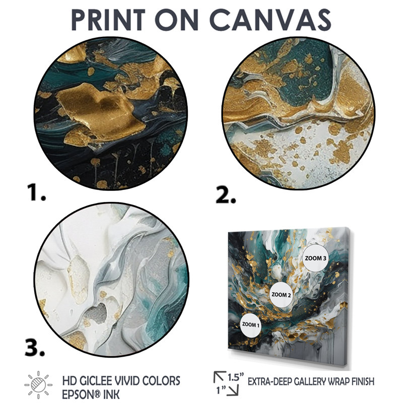 Gold Teal Ink On Stone - Abstract Wall Decor, 44" H x 44" W, Wrapped Canvas