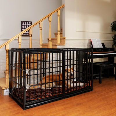 Cage pour chien de 61 po, acier au carbone pour grands animaux de compagnie, porte avant et de toit, finition martelée, casseroles en plastique amovibles, tapis