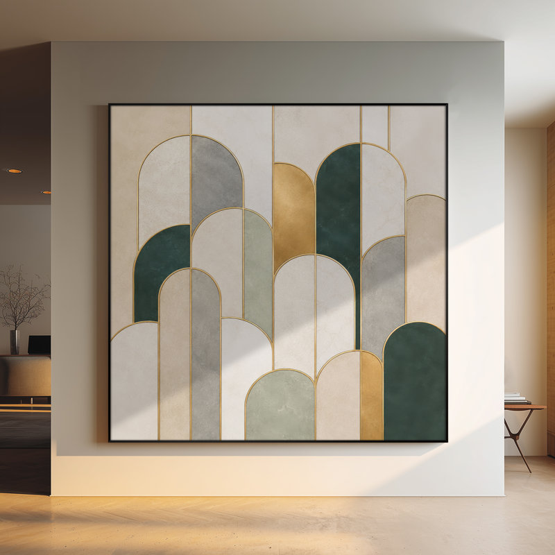 Très grand imprimé mural d'art en tissu - Motif d'arche géométrique avec panneaux or et sauge pour le salon ou la chambre à coucher - «Assemblage requis du cadre (cadre non fini)»