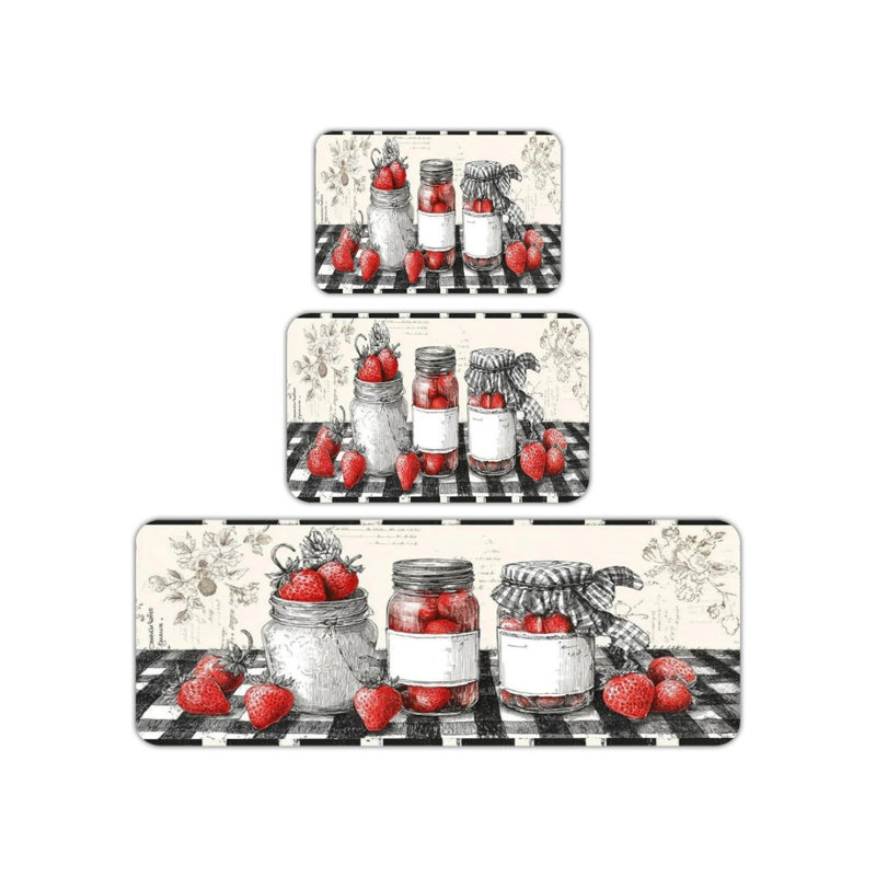Strawberry Jar Buffalo Plaid Kitchen Rug 3 Pc Set for Kitchen & Porch
