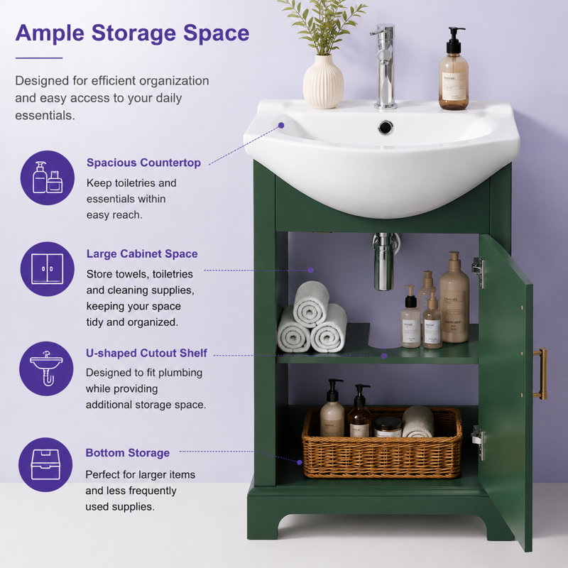 Meuble-lavabo avec lavabo en céramique bombé Highworth, Green