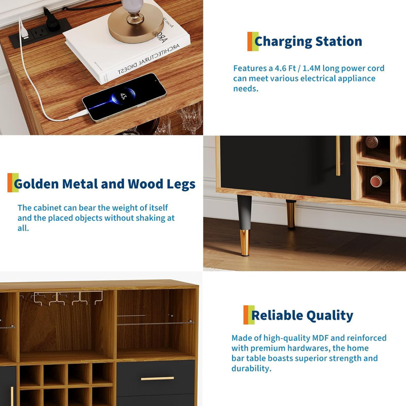 47" Modern Black Bar Cabinet with LED Lights & Charging Station, Kitchen Buffet Sideboard with Wine Rack, Drawers & Doors for Living or Dining Room