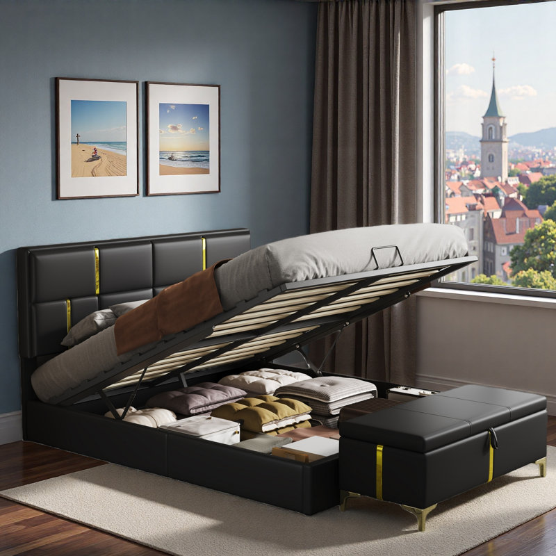 2-piece Bedroom Sets Included 1 Upholstered Platform Bed With Hydraulic Storage System, 1 Storage Ottoman With Metal Legs