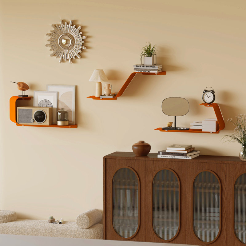 Eliyah Metal Floating Shelf, Wall Mounted Metal Shelves with Unique Design, Orange