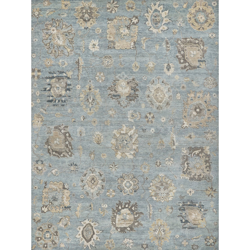 Heirloom Floral Hand-Knotted Wool Light Blue/Gold Area Rug, Rectangle 8' x 10'