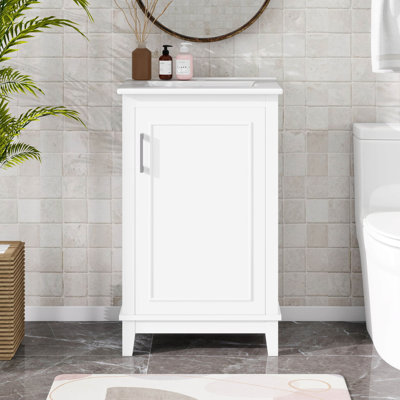 Meuble-lavabo de 20 po avec lavabo en céramique, armoire de salle de bain avec supports de rangement et porte à fermeture en douceur, structure en bois massif