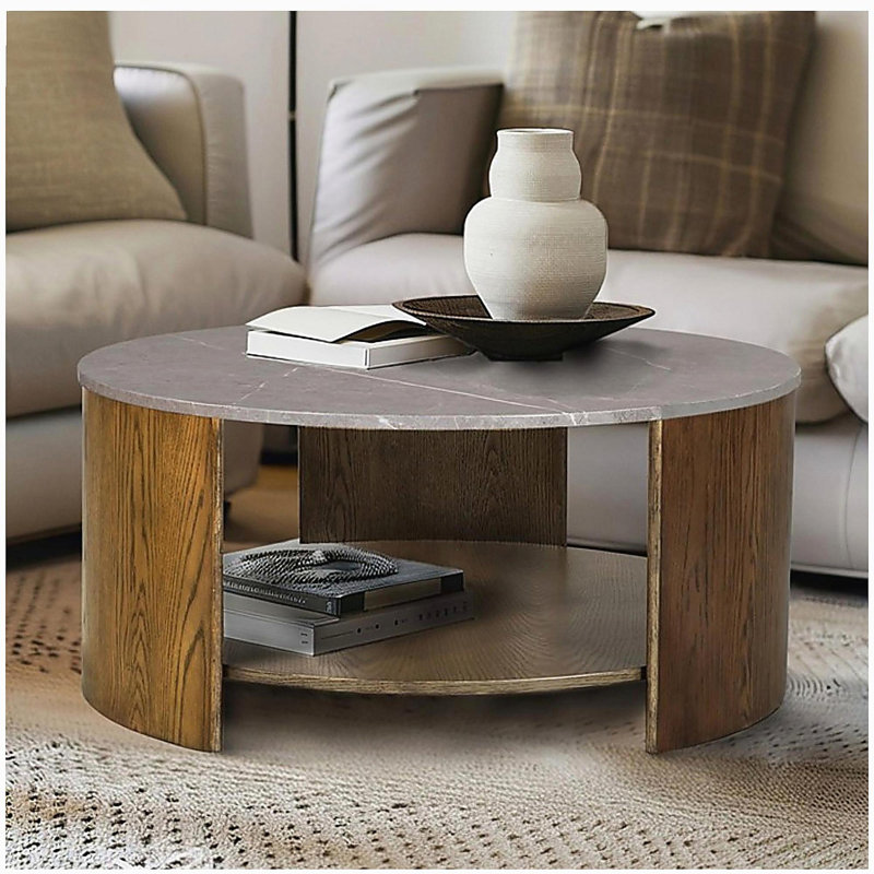 Table basse circulaire avec tablette, Chêne, Oak, Marbre