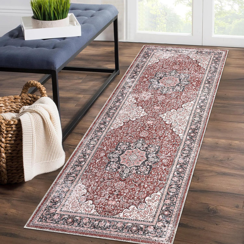 2x6 Vintage Floral Runner Rug – Washable, Non-Slip, Ultra-Thin Carpet for Entryway, Kitchen, Laundry (Rust), Runner 2' x 6'