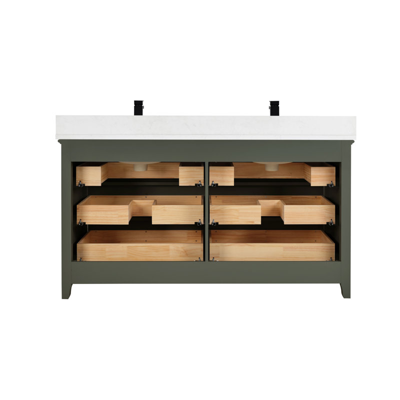 60" Solid Wood Sink Vanity  With 1' Artificial Stone Top, Pewter Green