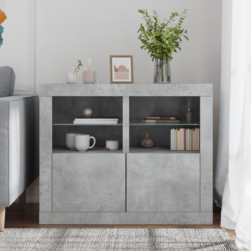 vidaXL Side Cabinet with LED Lights End Table for Living Room Engineered Wood, Concrete Gray
