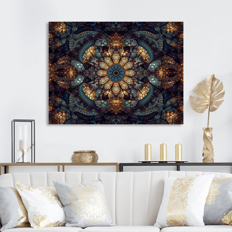 Bleu et or explorant les abstractions fractales III, H 34 po x l 44 po x P 1,5 po, Toile tendue