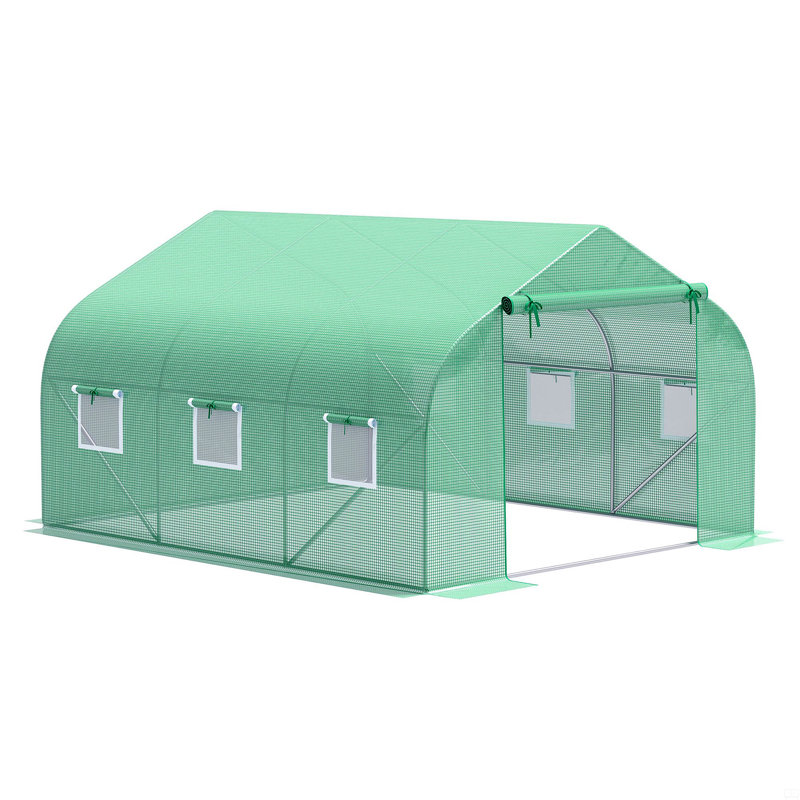 Outdoor Walk-In Greenhouse, Tunnel Green House With Roll-Up Windows, Zippered Door, Cover, Heavy Duty Steel Frame, Green