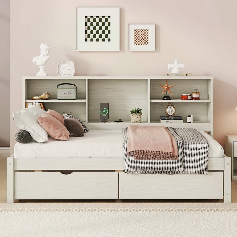 Structure de lit simple avec tablettes latérales, deux tiroirs et port USB intégré, Crème, crème