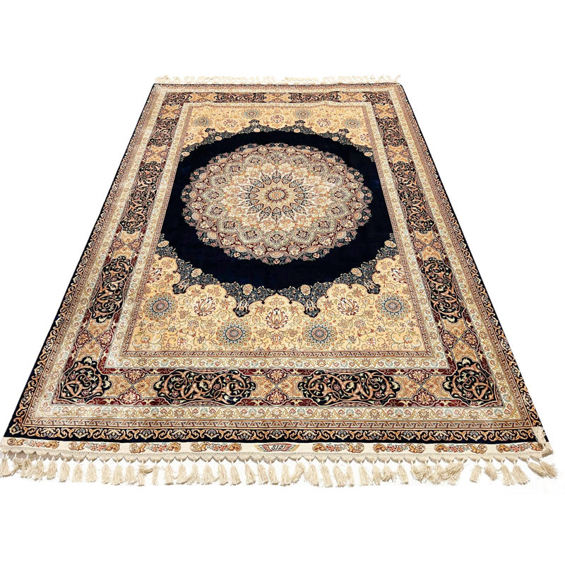 Tapis bleu marine et multicolore en soie 6 x 8