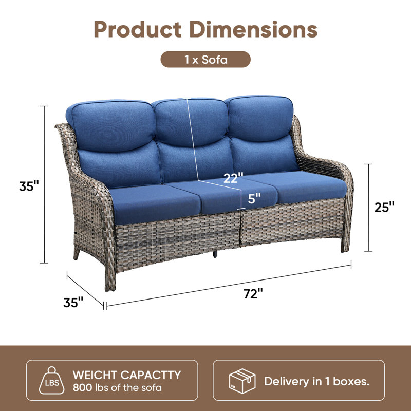 Canapé de patio de 72 po de large avec coussins de 5 po Simino, Bleu, Gris