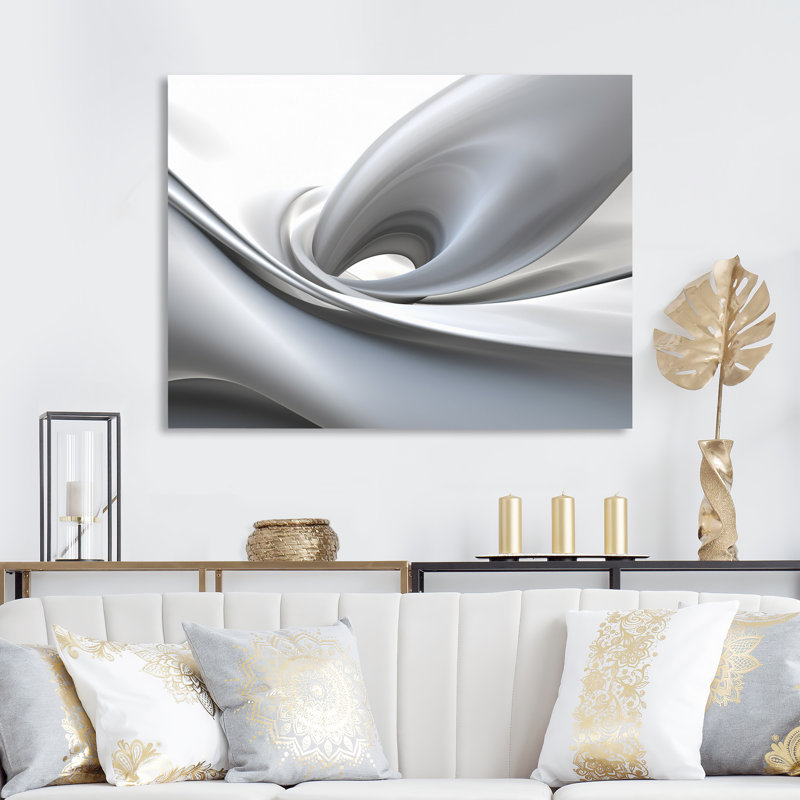 «White Grey Contemplative Abstraction - Abstract Modern Waves», art encadré, Toile tendue, H 34 po x l 44 po x P 1,5 po