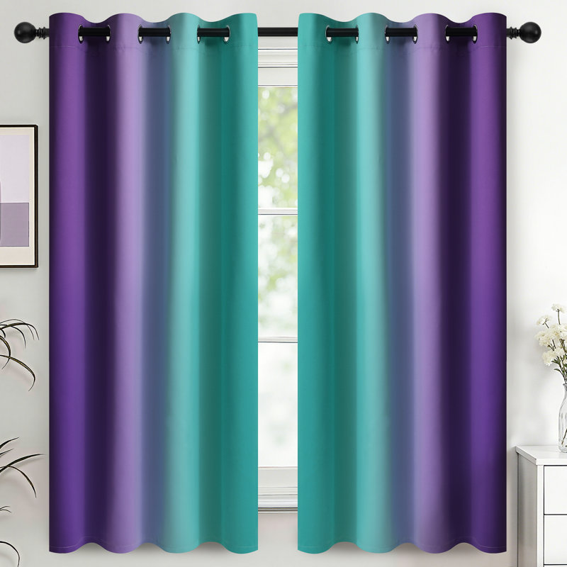 Teal and Purple   Thermal Insulated Curtains, Grommet Top Gradient Window Drapes 2 Panels, 52" W x 63" L, Teal/Purple