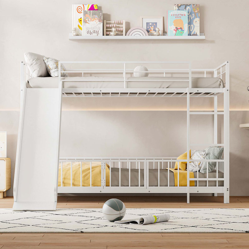 Twin over Twin Size Metal Bunk Bed with Slide, Guardrails, and Convertible Design for Ultimate Safety and Fun