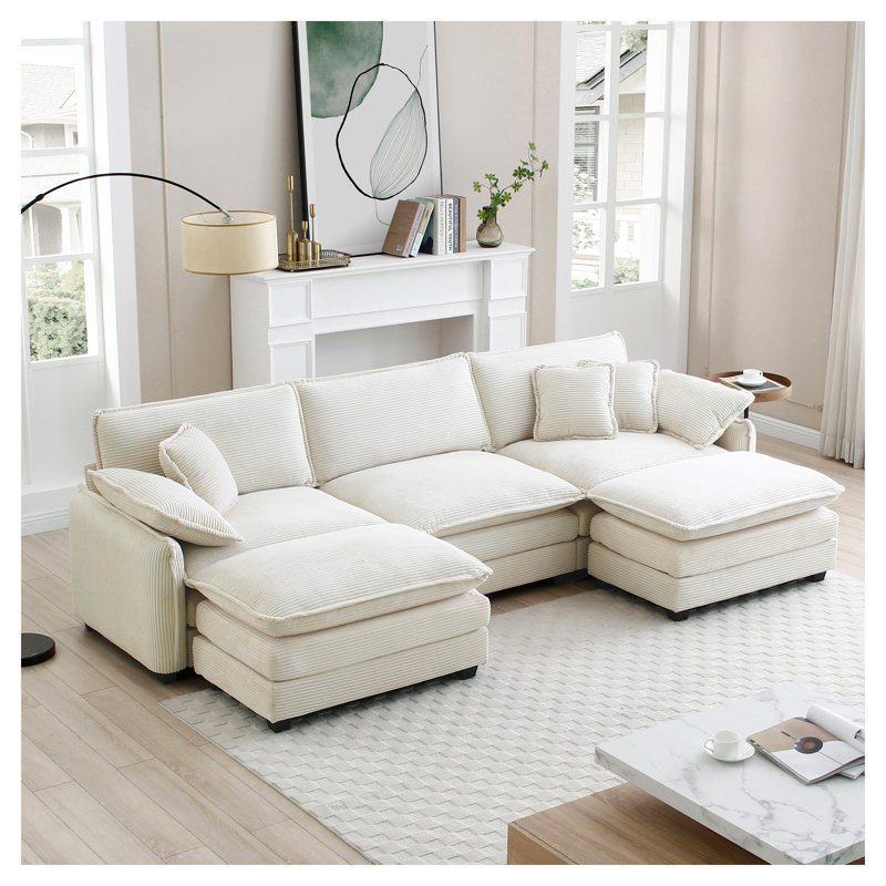 Canapé modulaire en U à 3 places avec repose-pieds convertible beige Corduroy, H 33,85 po x l 115,34 po x P 34,25 po