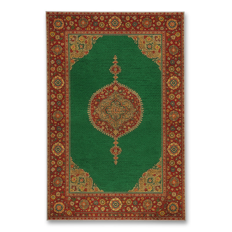 Tapis vert tissé à motif lavable Mosso, 3'3" x 9'10"