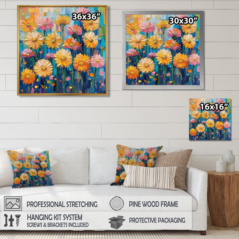 «Daisy» - art mural jaune, H 16 po x l 16 po, Cadre simple noir