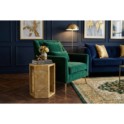 Table d'appoint luxueuse en marbre naturel espagnol de luxe, table de bout hexagonale de 16 cm de long avec finition polie, socle en pierre géométrique moderne et table de chevet pour le salon (jaune / or, 40 cm x 32 cm)