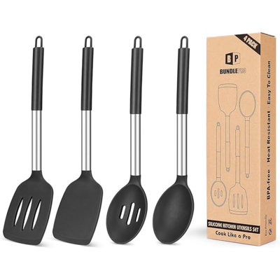 Pack Of 4 Silicone Cooking Utensils Set, Non Stick Large Solid Spatulas, Heat Resistant Slotted Spoons, Ideal BPA Free Kitchen Turners For Frying, Mixing,Serving,Draining,Turning,Stirring