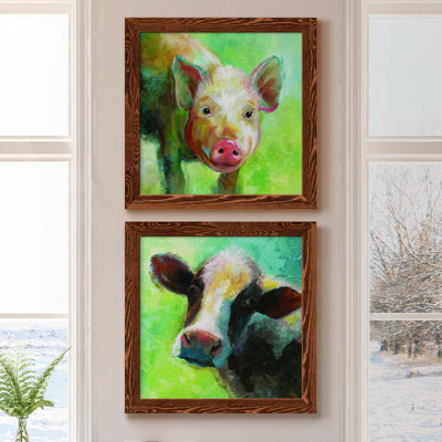 «Colorful Quirky Pig», ensemble de 2 peintures sur toile encadrées