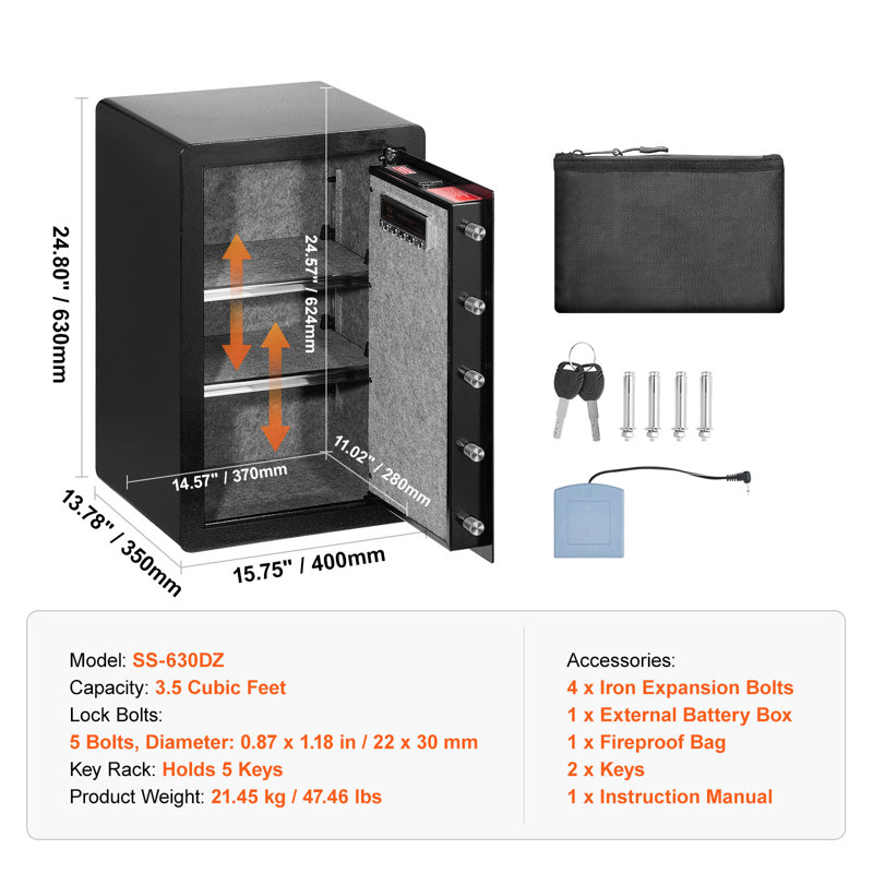 Coffre-fort à une porte de 99 litres (3,5 pi³) avec serrure à clé et code, 2 tablettes pour argent, sac ignifugé, porte-clés, éclairage DEL, pour documents, bijoux et objets de valeur, noir.