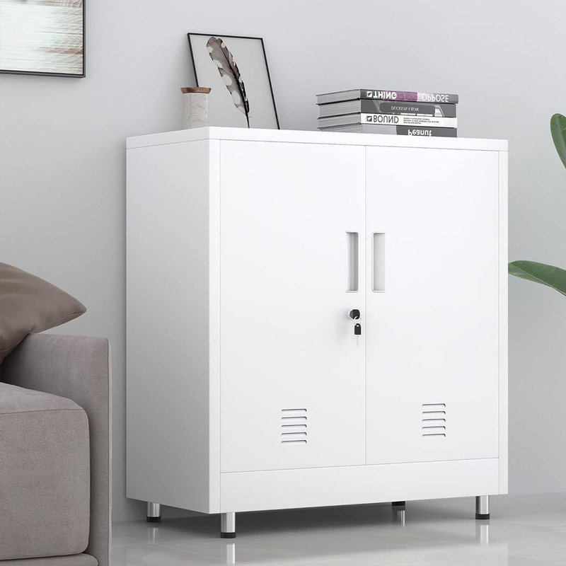 Small Lockable Sideboard Buffet Cabinet with Locking Doors and Adjustable Shelf, for Home Office Hallway Entryway (White)