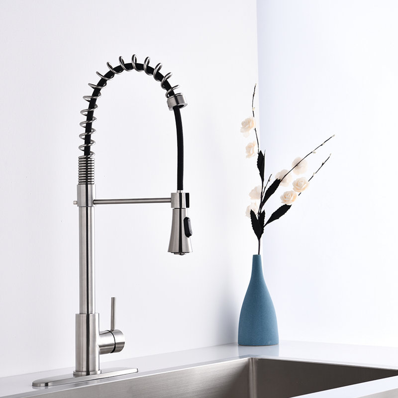 Modern Stainless Steel Kitchen Faucet In Brushed Nickel - Single Handle Spring High Arc, Pull Down , To Fatigue And Wear With Swivel Function Spring, Fading Discoloration