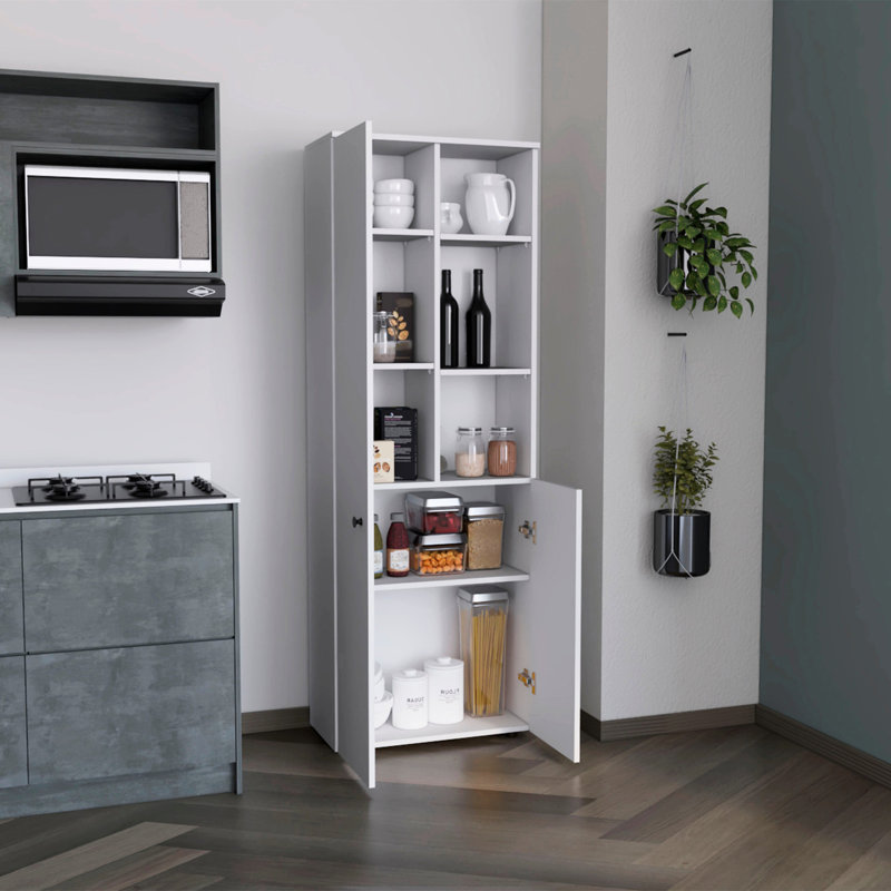 Armoire de rangement blanche avec 8 tablettes pour plus d'efficacité 2 sections spacieuses fermées et ouvertes