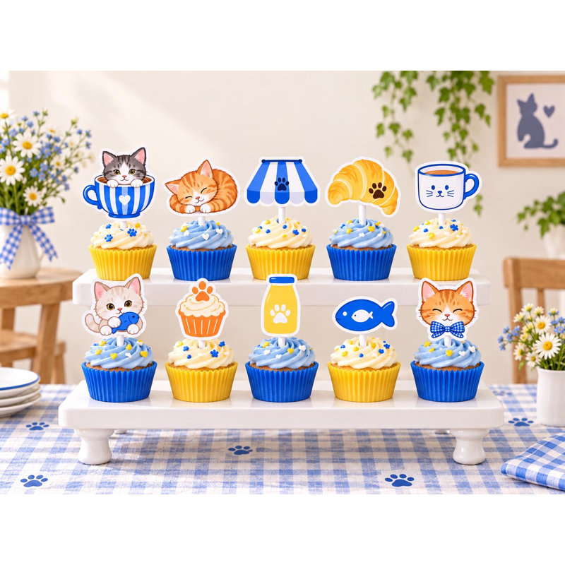 Chaton café, petits gâteaux, chats jaunes et bleus, décorations pour anniversaire