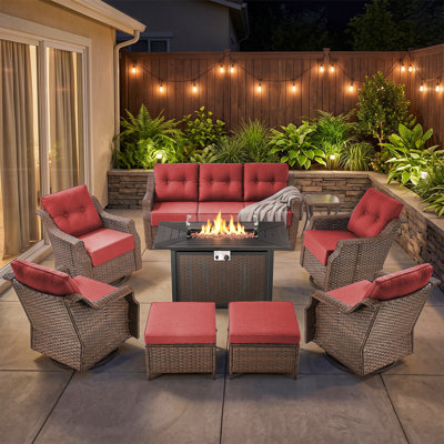 Luxury 9-Piece Outdoor Wicker Patio Conversation Set with Gas Fire Pit Table, 6-inch Thick Cushions, Swivel Rocker Chairs, and Side Table for Backyard & Deck