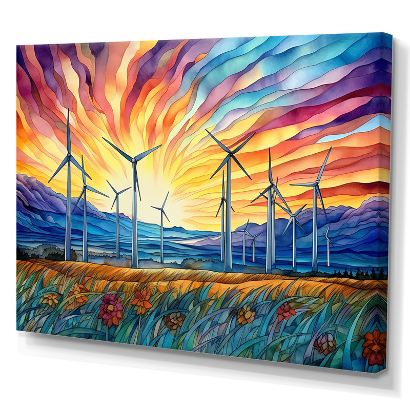 Éoliennes au lever du soleil, Toile tendue, H 16 po x l 32 po x P 1 po