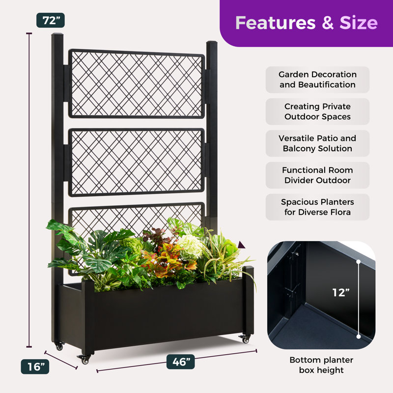 72"Hx46"Wx16"D Metal Planter Box with Trellis and Wheels, Heavy Duty Privacy Screen Outdoor Planter Box for Vegetables, Climbing Plants & Vines, Black, 5 Min's Quick Set-Up