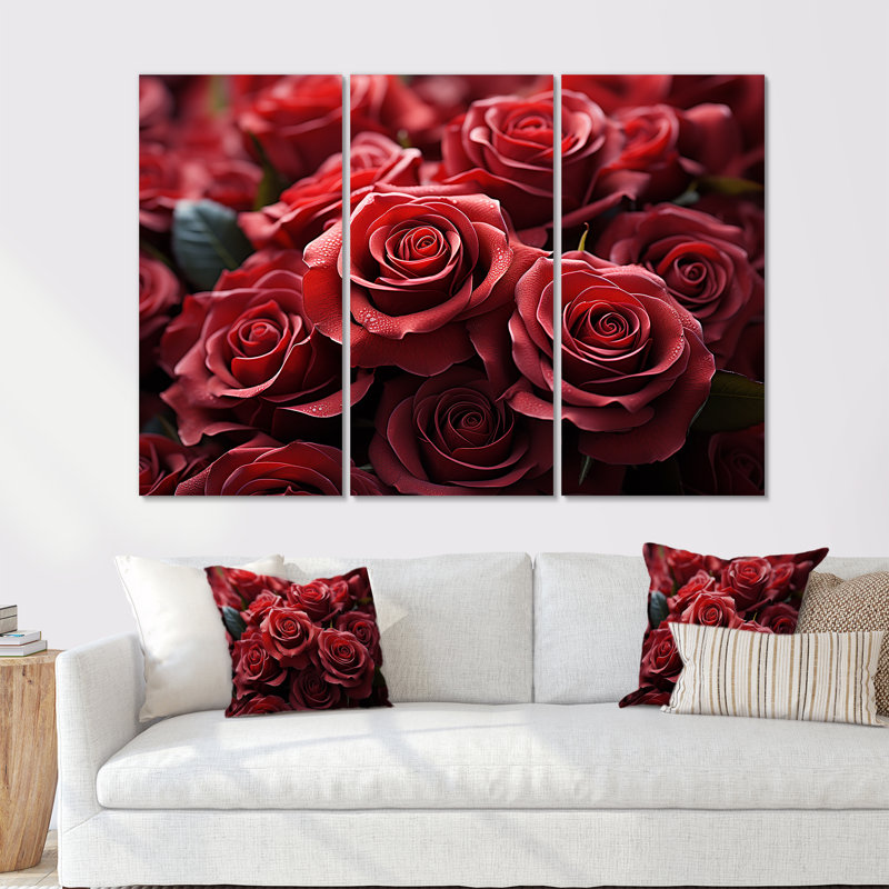 «Crimson Rose Passion I - Roses», ensemble d'art sur toile, Toile tendue, H 40 po x l 60 po x P 1 po