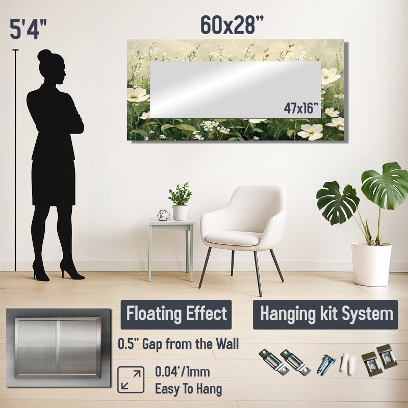 Fleurs blanches blanches au printemps Bloom II - Art mural miroir fleurs sauvages - imprimé sur métal, 28 po x 60 po