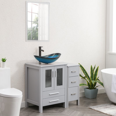 Meuble-lavabo sur pied simple 36 po avec plateau en verre et miroir Breahnna