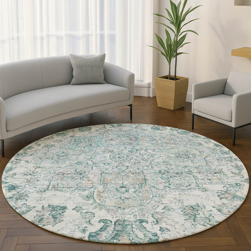 Premium Machine Washable Mayfield AMF2138 global Rug, Teal, 8' Round