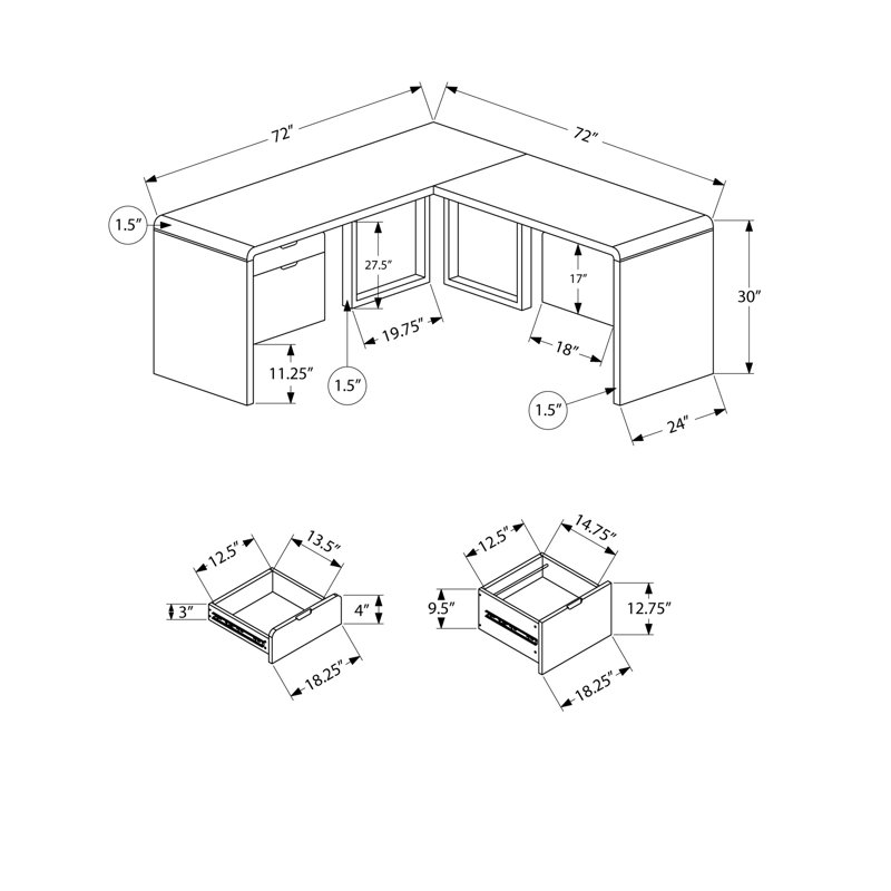 Bureau d'ordinateur, bureau personnel, coin, L 72 po, forme en L, travail, ordinateur portable, stratifié, blanc brillant