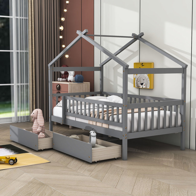 Heulwen Two Drawers Wooden House Bed, Gray, Twin